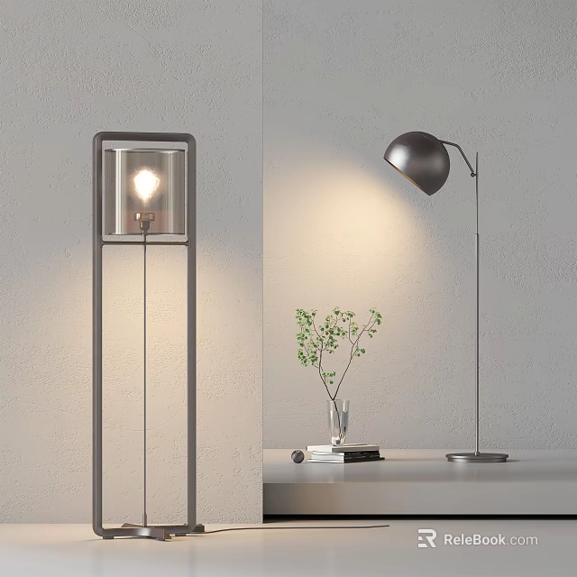 Modern Minimalist Floor Lamp With Square Frame Curved Shade And Green Plant Decor 3d model 