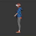 Woman With Red White VR Headset Blue Hoodie Orange Sneakers Arms Outstretched On Gray Background