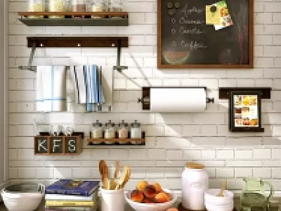 Organized Kitchen Utensils On Wall Shelves With Glass Jars Bowls Chalkboard And Paper Towel Holder 3d model