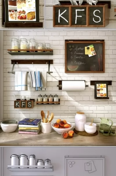 Organized Kitchen Utensils On Wall Shelves With Glass Jars Bowls Chalkboard And Paper Towel Holder 3d model