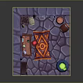 Magic Alchemy Room Interior With Stone Walls Arched Windows Wooden Door Cauldron And Potion Shelves
