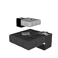 White Fabric And Dark Brown Leather Ottomans With Side Tables And Magazines