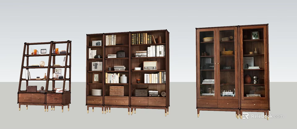 Three Modern Wooden Bookcases with Drawers Glass Doors Books and Decorative Items on Golden Legs 3d model 