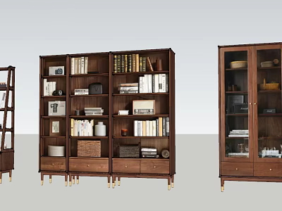 Three Modern Wooden Bookcases with Drawers Glass Doors Books and Decorative Items on Golden Legs 3d model