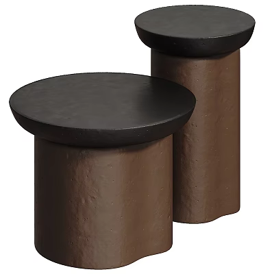 Two Modern Coffee Tables With Black Round Tops And Textured Brown Bases 3d model
