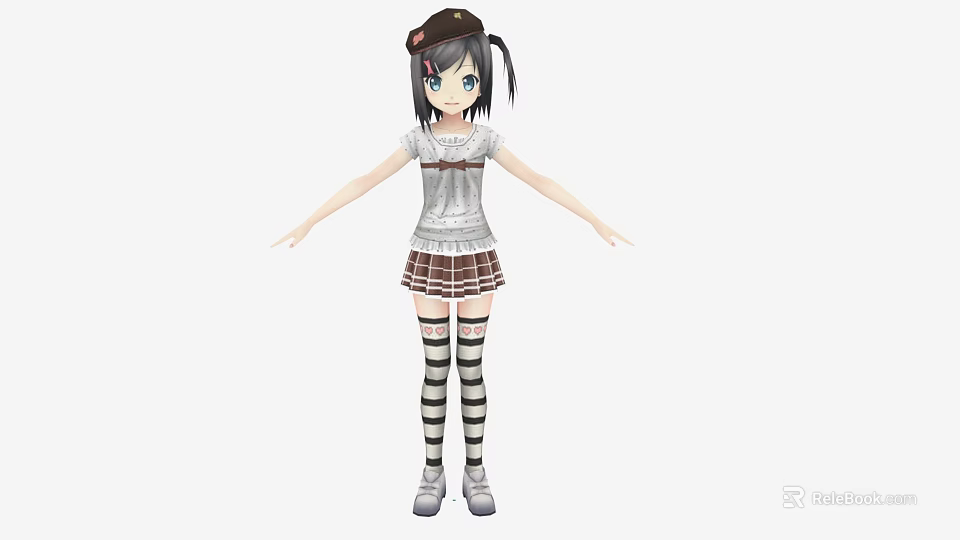 Anime Game Character With Pigtails Hat White T-shirt Plaid Skirt And Striped Stockings 3d model 