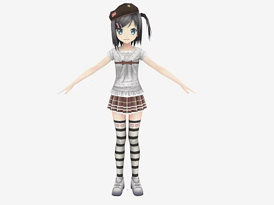 Anime Game Character With Pigtails Hat White T-shirt Plaid Skirt And Striped Stockings 3d model
