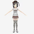 Anime Game Character With Pigtails Hat White T-shirt Plaid Skirt And Striped Stockings