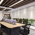 Modern Public Office Space Featuring Long Table Purple Flowers Black Office Chairs Bookshelves Green Plants