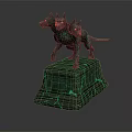 Mythical Horned Canine Creatures With Green Eyes Standing On Green Cracked Pedestal