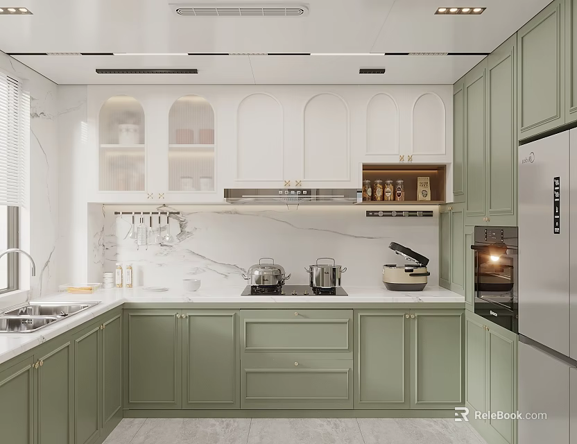 Green And White Kitchen Interior With Marble Backsplash Silver Refrigerator And Cabinets 3d model 