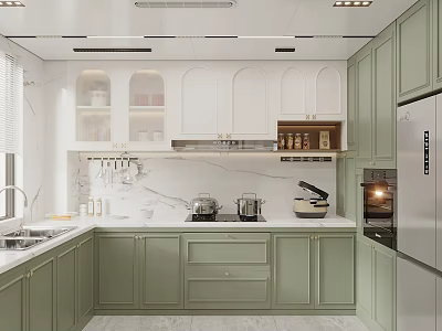 Green And White Kitchen Interior With Marble Backsplash Silver Refrigerator And Cabinets 3d model
