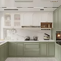 Green And White Kitchen Interior With Marble Backsplash Silver Refrigerator And Cabinets 3d model