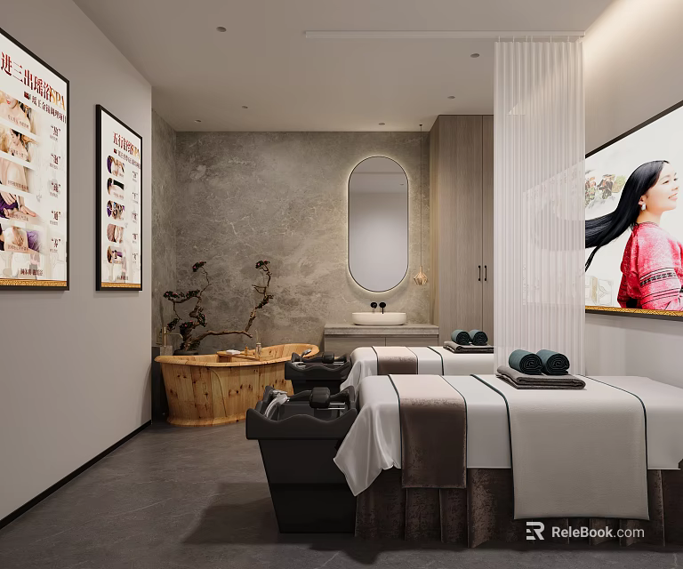 Beauty Salon Spa Interior With Beauty Beds Wooden Bathtub Gray Concrete Walls And Oval Mirror 3d model 