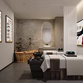 Beauty Salon Spa Interior With Beauty Beds Wooden Bathtub Gray Concrete Walls And Oval Mirror