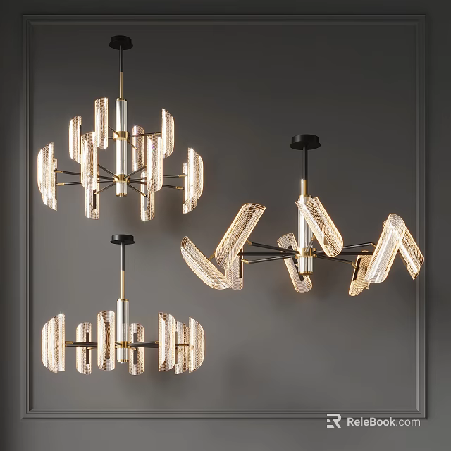 Modern Geometric Chandeliers With Metal Arms And Crystal Light Panels Hanging On Grey Wall 3d model 