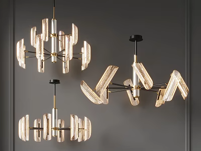 Modern Geometric Chandeliers With Metal Arms And Crystal Light Panels Hanging On Grey Wall 3d model