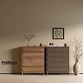 Minimalist Wooden Entryway Cabinet And Sideboard With Decorative Vase Plant Framed Art On Beige Wall
