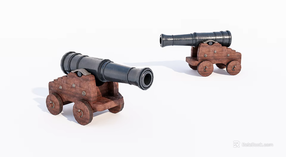 Antique Cannons Vintage Historical Weapons With Wooden Carriages And Wheels 3d model 