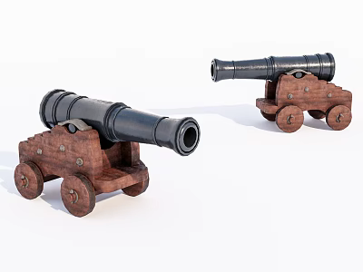 Antique Cannons Vintage Historical Weapons With Wooden Carriages And Wheels 3d model