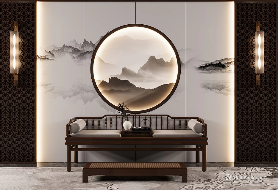 Traditional Chinese Arhat Bed Interior With Wooden Frame Round Moon Gate Landscape And Soft Cushions 3d model 
