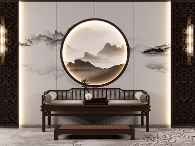 Traditional Chinese Arhat Bed Interior With Wooden Frame Round Moon Gate Landscape And Soft Cushions 3d model