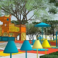 Vibrant Children's Play Area Featuring Orange Structures Blue Yellow Umbrellas Colorful Flooring and Trees
