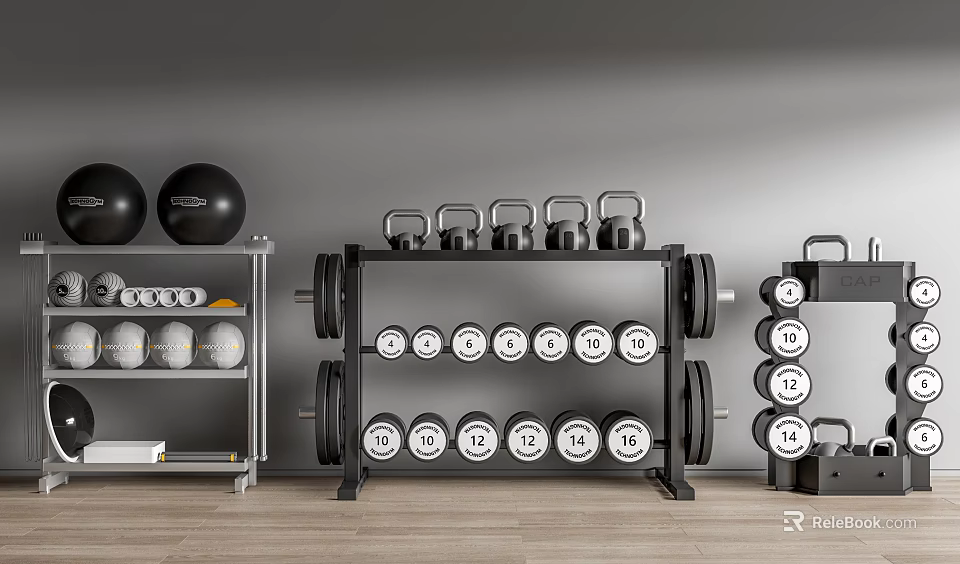 Professional Fitness Equipment Collection With Kettlebells Dumbbell Plates And Medicine Balls On Metal Storage Racks 3d model 