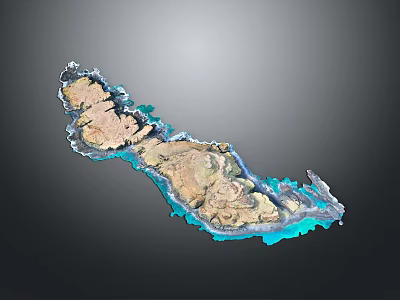Detailed 3D Island Terrain Model With Blue Water Surroundings And Gray Background 3d model