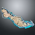 Detailed 3D Island Terrain Model With Blue Water Surroundings And Gray Background