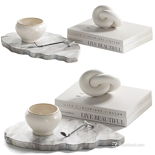 Stylish Decorative Ornament Set With Marble Tray White Bowl Spoon And Knot Decor On Books 3d model 