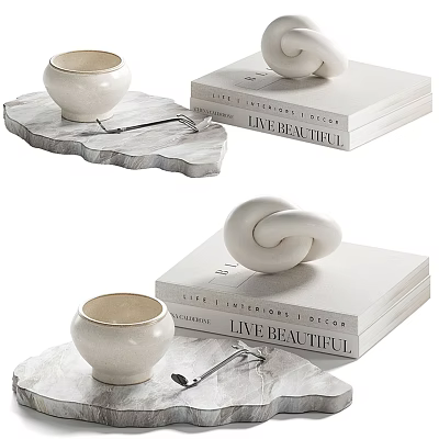 Stylish Decorative Ornament Set With Marble Tray White Bowl Spoon And Knot Decor On Books 3d model