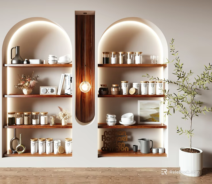 Arched Display Cabinets With Decor Items And Warm Lighting 3d model 