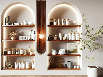 Arched Display Cabinets With Decor Items And Warm Lighting 3d model