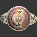 Pink Covered Serving Bowl With Decorative Yellow Flowers Green Leaves And Wing Shaped Handles