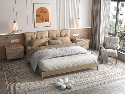 Double Bed In Modern Bedroom With Light Brown Headboard Beige Bedding Wooden Nightstands And Wall Art 3d model