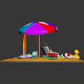 Colorful Beach Scene With Striped And Multicolored Umbrellas Surfboard Beach Ball And Inflatable Ring