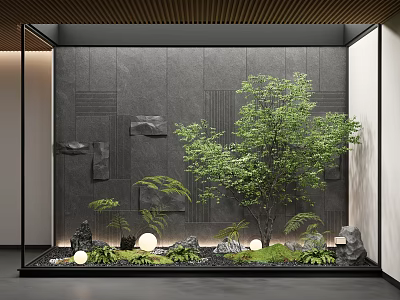 Dark Textured Feature Wall With Green Plants Small Tree And Round Lights 3d model