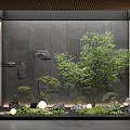 Dark Textured Feature Wall With Green Plants Small Tree And Round Lights 3d model