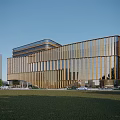 Modern Office Building With Golden Vertical Stripes Glass Facade And Green Lawn