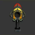 Futuristic Mechanical Weapon With Yellow Casing Red Glowing Tip Green Hose And Metal Stand