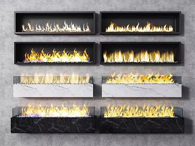 Various Fireplace Designs With Black Frames Marble Surfaces And Burning Flames 3d model