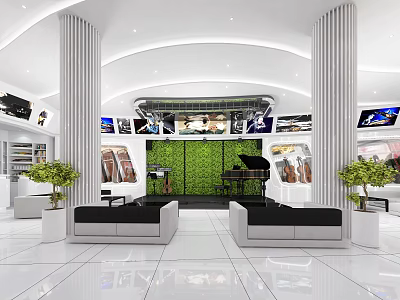 Contemporary Hall Interior Featuring White Columns Curved Ceiling Multiple Screens And Green Living Wall 3d model