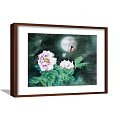Framed Botanical Painting With Pink Peonies Green Leaves And Moonlit Bird
