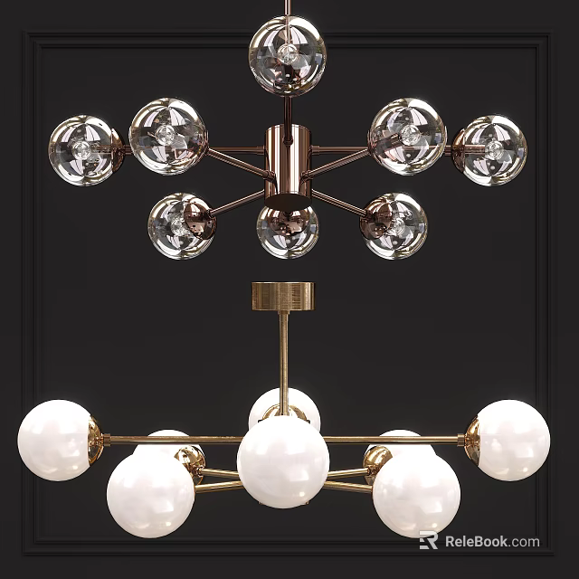 Elegant Crystal Ball And White Spherical Shade Chandeliers With Golden Metal Frame 3d model 