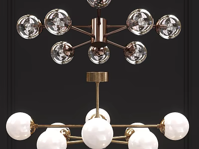 Elegant Crystal Ball And White Spherical Shade Chandeliers With Golden Metal Frame 3d model
