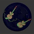 Decorative Violins With Green Pink Details On Blue Circular Platform And Arrow