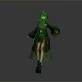 Anime Style Female Character in Black Robe with Red Accents and Twin Tails Standing Pose