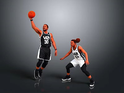 Dynamic Action Basketball Players In Black And White Jerseys With Number 30 And Basketball 3d model