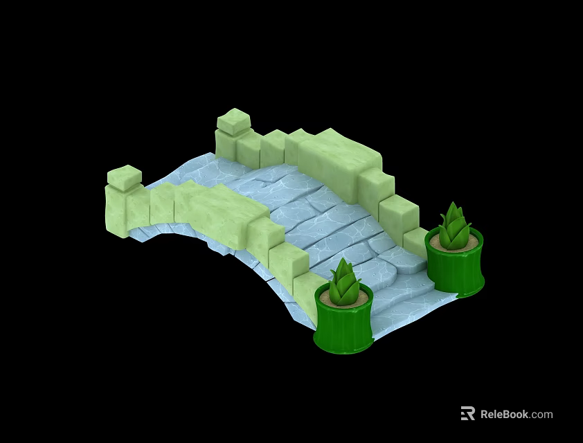 Garden Bridge With Green Railings Stone Slab Steps Green Planters And Plants 3d model 